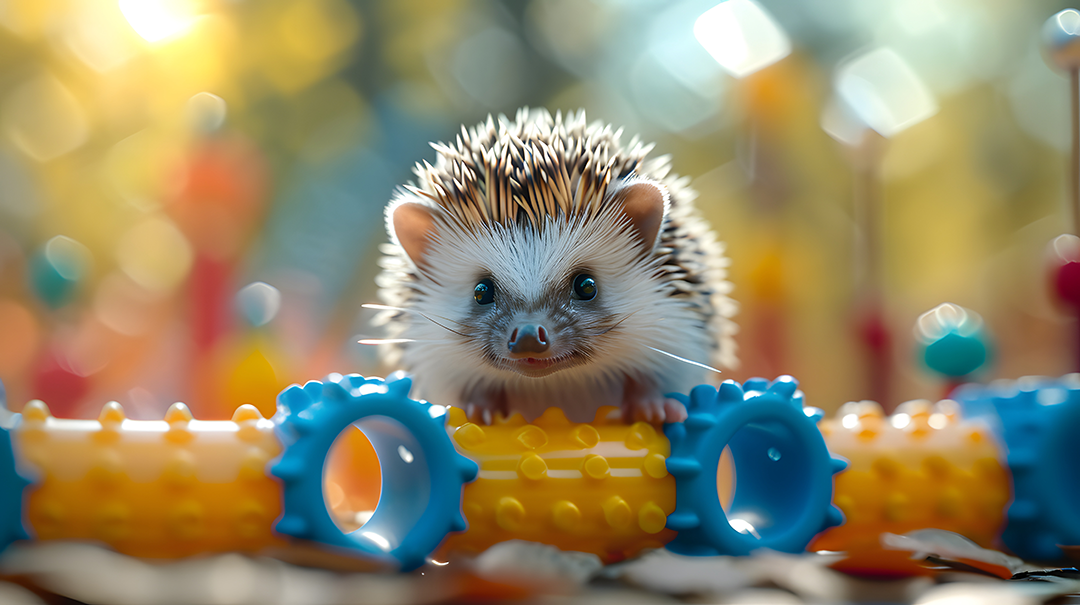 pet hedgehog playing with toys